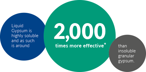 three blue, green and grey circles with text reading liquid gypsum is highly soluble and as such is around 2000 times more effective than insoluble gypsum (on a weight for weight basis) 