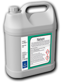 white plastic bottle with the product label nelson with a green border