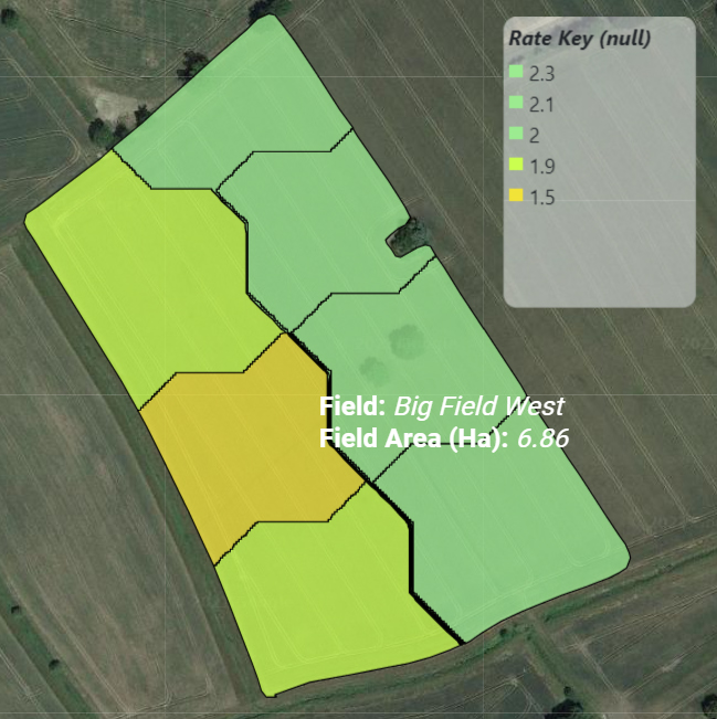 scan image of a field showing different rates required for each area of the field colour coded with green and yellows