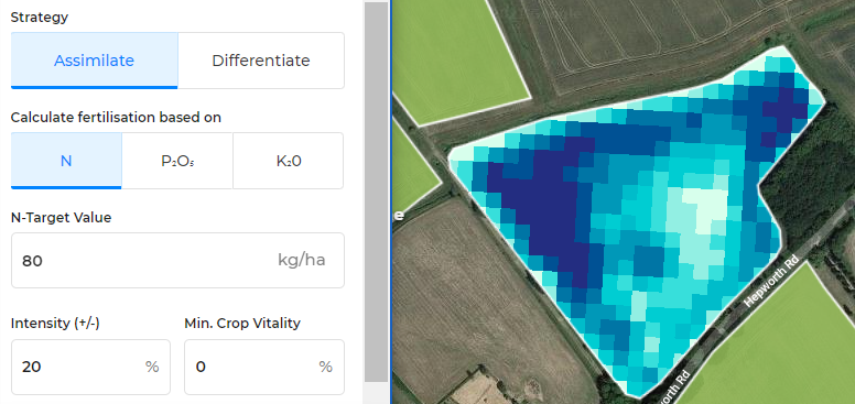 scan image in shades of blue showing differing rates of nitrogen required on a field 