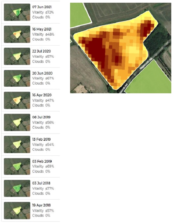 scans of a field from 2019 to 2021 showing changes in soil health accross the field