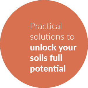 brown circle with white text - practical solution to unlock your soils full potential