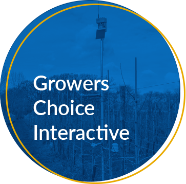 blue circle with white text reading growers choice interactive