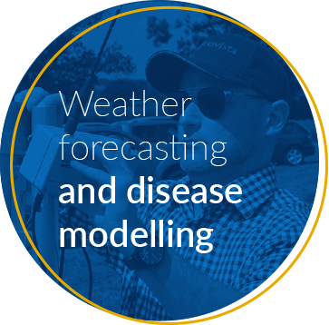 blue circle with white text reading weather forecasting and disease modelling