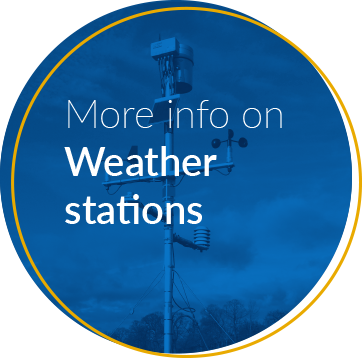 blue circle with white text reading more info on weather stations